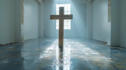 Wooden cross stands in empty hall; light streams through window, reflecting on the cracked floor