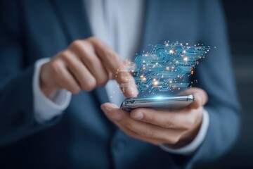 A person in a suit is using a smartphone to interact with digital elements. The smartphone displays glowing circuitry and data patterns. The setting conveys a high-tech business environment.