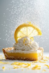 lemon tart flying with lemon zest and sugar dust, isolated on white background