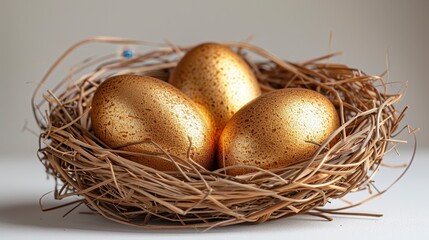 Golden eggs nestled in straw nest. Elegant and shiny. Rich texture