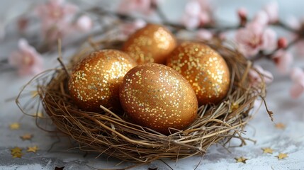 Sparkling golden eggs in a twig nest, soft pink flowers background