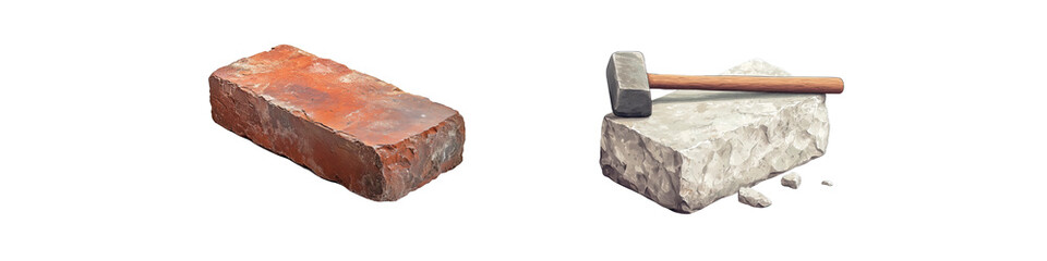 Two construction materials isolated on a transparent background — a single red clay brick with weathered texture, and a chisel hammer resting on a rough stone block with chipped fragments around it.