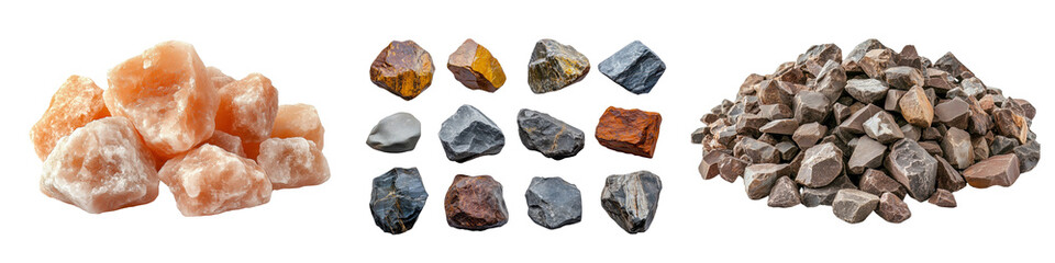 Collection of raw mineral stones, including pink Himalayan salt, black and orange ores, and a pile of crushed rocks.