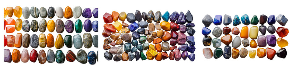 Colorful collection of polished gemstones arranged in rows by hue.