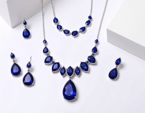 blue and silver earrings and neckless on white