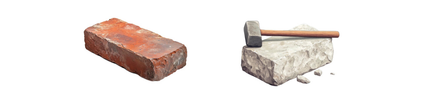 Two construction materials isolated on a transparent background &mdash; a single red clay brick with weathered texture, and a chisel hammer resting on a rough stone block with chipped fragments around it.