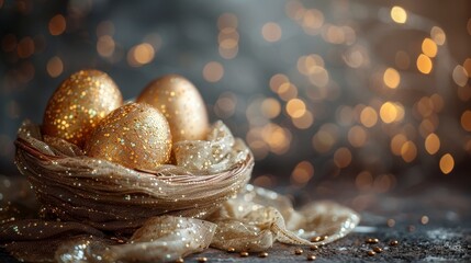Golden eggs nestle in a sparkly, delicate basket with blurred warm lights