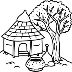 Rural hut with tree and other element kids coloring page