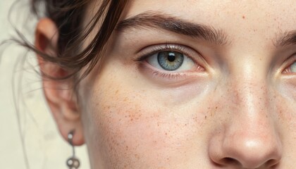 Fototapeta premium Close-up portrait of young woman with freckles, striking blue eyes. Natural beauty shines through with gentle expression. Soft sunlight illuminates skin, emphasizing healthy, glowing complexion.