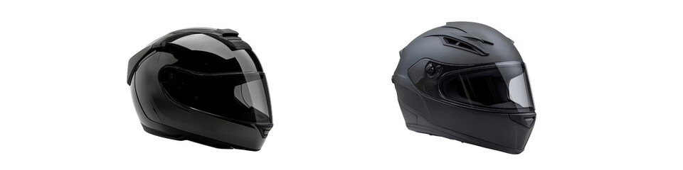 Two motorcycle helmets, one glossy black and one matte black, side by side on white, transparent background.