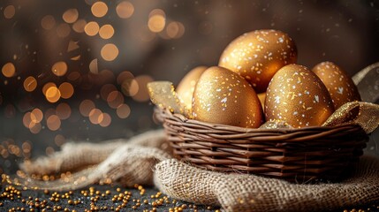 Glistening golden eggs in wicker basket, soft lights, burlap texture, and small dot scattering