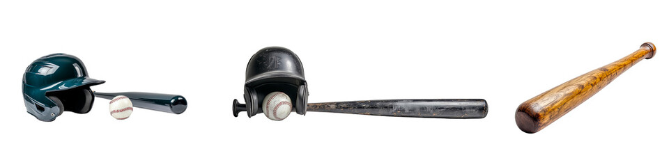 Set of baseball helmets, bats and balls in a row, old and new equipment, isolated on white, transparent background.
