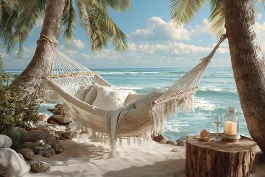 Romantyczny hamak zawieszony między palmami na piaszczystej plaży, z widokiem na turkusowy ocean. Obok stolik z winem. Idealne miejsce na relaks i ucieczkę od zgiełku.