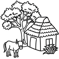 Rural hut with tree and other element kids coloring page