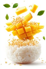 sweet coconut sticky rice flying with ripe mango slices, isolated on white background