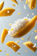 sweet coconut sticky rice flying with ripe mango slices, isolated on white background