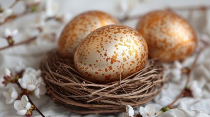 Golden speckled eggs sit in a twig nest, amidst white flowers on a rumpled white cloth