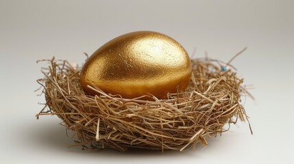 Golden egg rests securely in a bird's nest, on a plain background