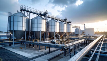 Industrial silos at sunset