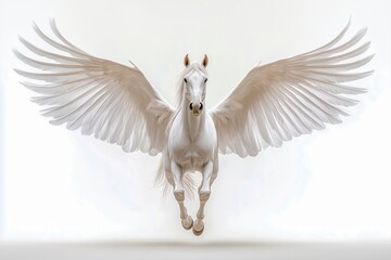 Majestic white pegasus with wide spread wings flying forward in a surreal, bright environment, fantasy concept.