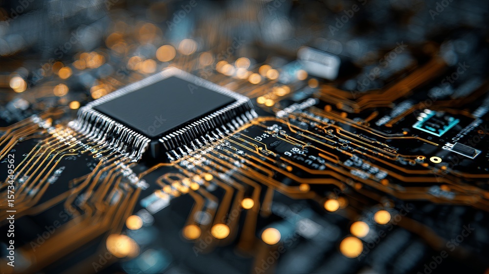 Poster close-up view of a computer circuit board showcasing intricate design and technological advancement 