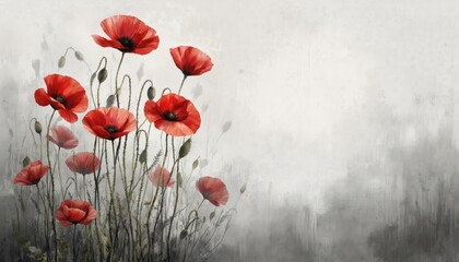 Vibrant red poppies bloom on long stems against an abstract soft gray gradient background. This oil painting illustration captures the delicate beauty of nature with a romantic, blurred effect.