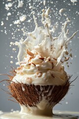 taro custard floating with coconut cream splash, isolated on white background
