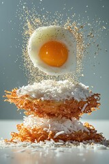 thai crispy pancake flying with coconut topping and golden egg threads, isolated on white background