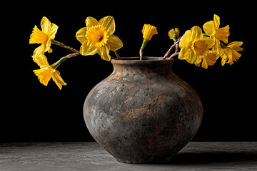 Rustykalny bukiet żółtych narcyzów w starej, glinianej wazie na ciemnym tle. Prosta kompozycja podkreśla naturalne piękno kwiatów i surowość naczynia.
