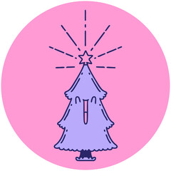 icon of a tattoo style christmas tree with star in bright neon color