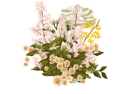 Hand Drawn Delicate Spring Flowers Arrangement in White Background Illustration