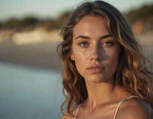 Fototapeta premium Young woman, beach chic, loose waves hair, sun tanned skin tone. Coastal vibe, straw hat fashion, summer vacation style. Ocean, sand, sea background. Female model beauty.