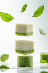 thai steamed layer cake flying with pandan scent, isolated on white background