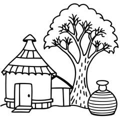 Rural hut with tree and other element kids coloring page