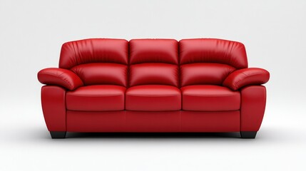Fototapeta premium Red leather couch standing in white room, front view 