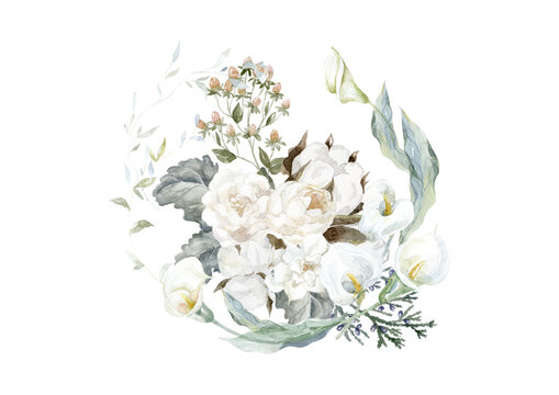 Delicate Watercolor Floral Arrangement with White Flowers and Green Leaves