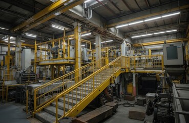 Fototapeta premium Industrial factory interior with yellow railings, stairs leading to machinery. Extensive manufacturing facility production equipment, advanced technology, engineered metal structures. Vast workspace