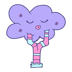 cartoon tree with face in bright neon color