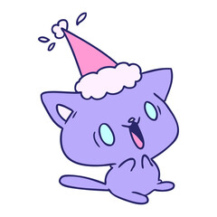 hand drawn christmas cartoon of kawaii cat in bright neon color