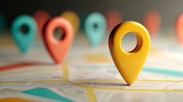 Colorful map pin markers indicating locations, planning and navigation with focus on vibrant yellow in front view.