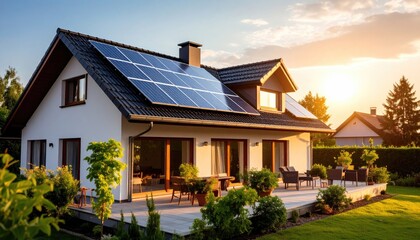 Modern house with solar panels at sunset