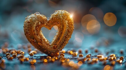 Gold heart shape covered in water droplets, with scattered gold beads on a blurred blue-grey background