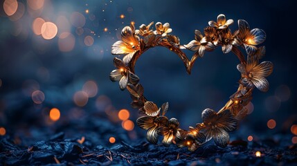 Golden floral heart on dark ground, bokeh highlights. Shiny, romantic, enchanting, magical background