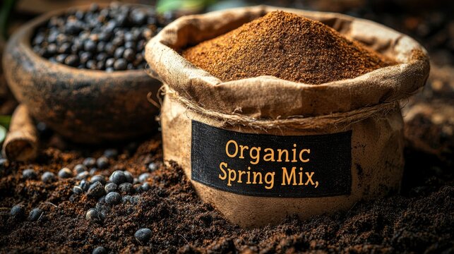 Brown paper seed packet labeled organic spring mix sits on freshly turned soil, showcasing eco conscious gardening Scattered seeds encourage planting and sustainable practices