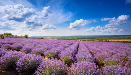 Obraz premium lavender field under a bright blue sky with fluffy white clouds on a sunny day in the countryside