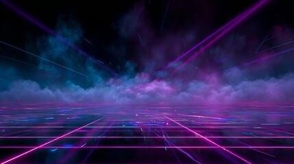 An abstract futuristic landscape with neon grid, glowing clouds, and a cosmic atmosphere creating a digital dreamscape.