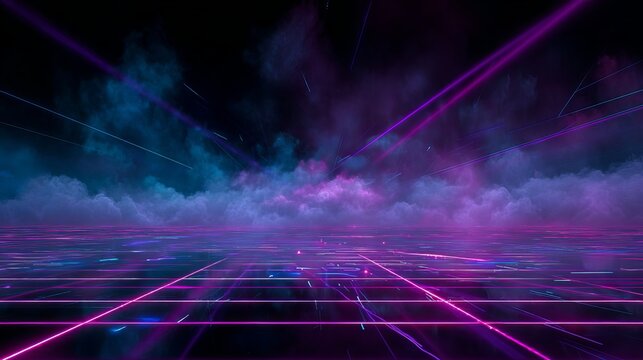 An abstract futuristic landscape with neon grid, glowing clouds, and a cosmic atmosphere creating a digital dreamscape.