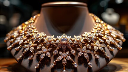 Elaborate gold necklace with floral accents on a grey bust, glistening softly