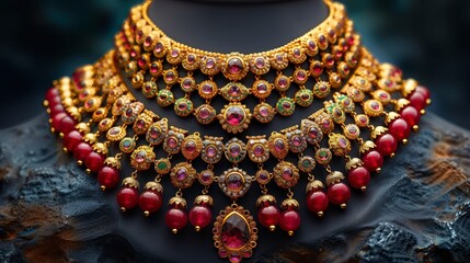 Ornate gold necklace with rubies and diamonds, on rough dark stone