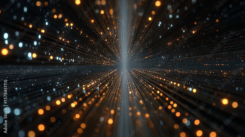 Poster an abstract network of light trails that stretches into an endless luminous depth, representing data